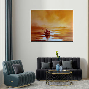 Narayan Shelke's 'The Boat (Dusks Embrace: A Boats Lament)' painting visualized above a sofa in a contemporary room.