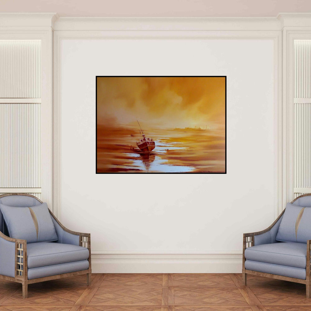 'The Boat (Dusks Embrace: A Boats Lament)' painting by Narayan Shelke shown on a wall in a furnished room.