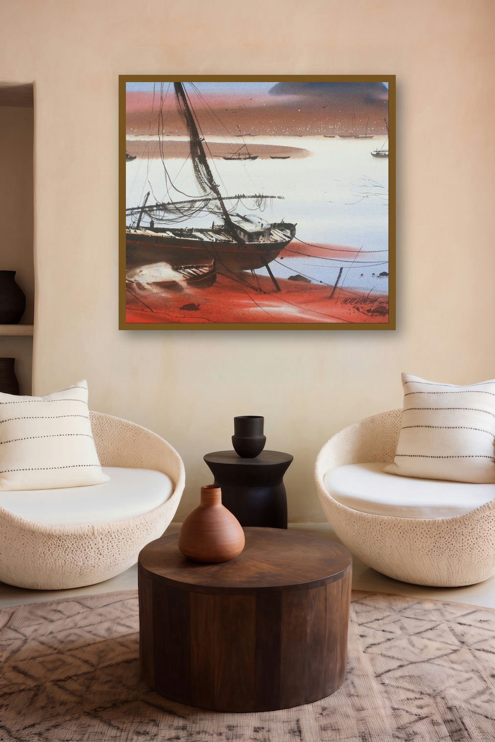 Boat On Sea Shore (Worn Out) by artist Ganesh Hire displayed in a Curated gallery