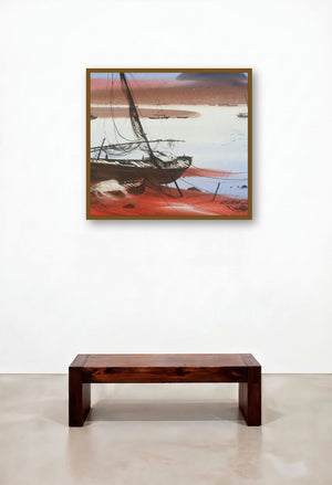 Boat On Sea Shore (Worn Out) by artist Ganesh Hire displayed in a Scandinavian Bedroom