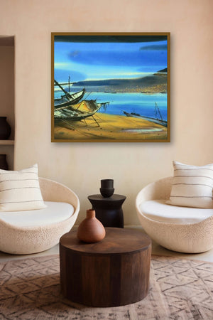 Boat On The Sea Shore 2 (Starry Night on the Shore) by artist Ganesh Hire displayed in a Museum Style gallery