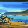 Nature watercolor painting titled 'Boat On The Sea Shore 2', 36x72 inches, by artist Ganesh Hire on Paper