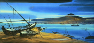 Boat On The Sea Shore 2 (Starry Night on the Shore) by Ganesh Hire, Original Watercolor Nature Painting on Paper, X-Large Horizontal Wall Art