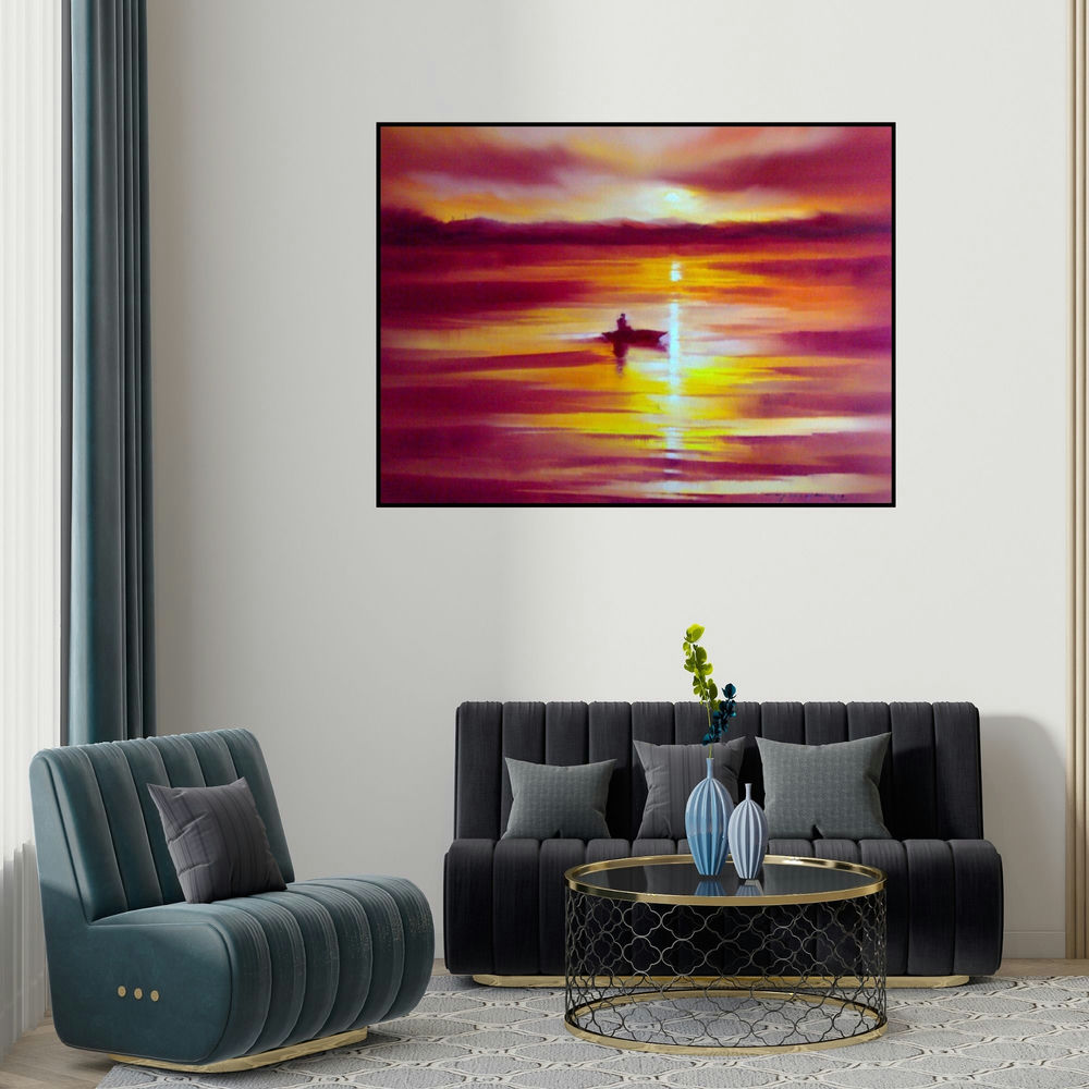 Narayan Shelke's 'Boat In The Sea (Golden Solitude: A Boat at Twilight)' painting visualized above a sofa in a contemporary room.