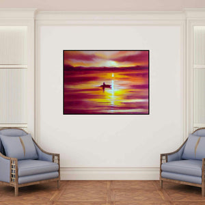'Boat In The Sea (Golden Solitude: A Boat at Twilight)' painting by Narayan Shelke shown on a wall in a furnished room.
