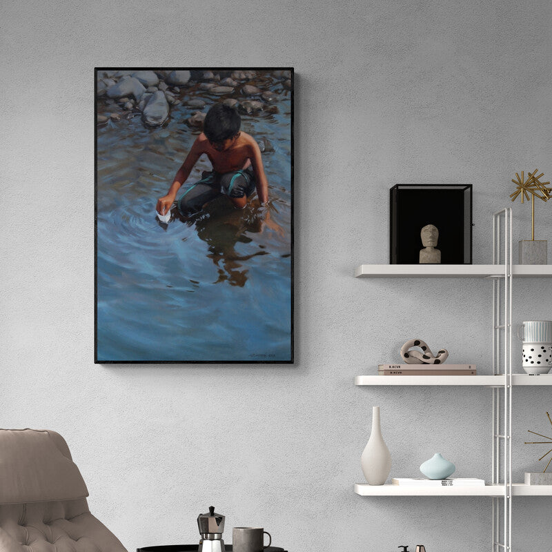 In-situ view of Manoj Deshmukh's 'Paper Boat' painting in a room