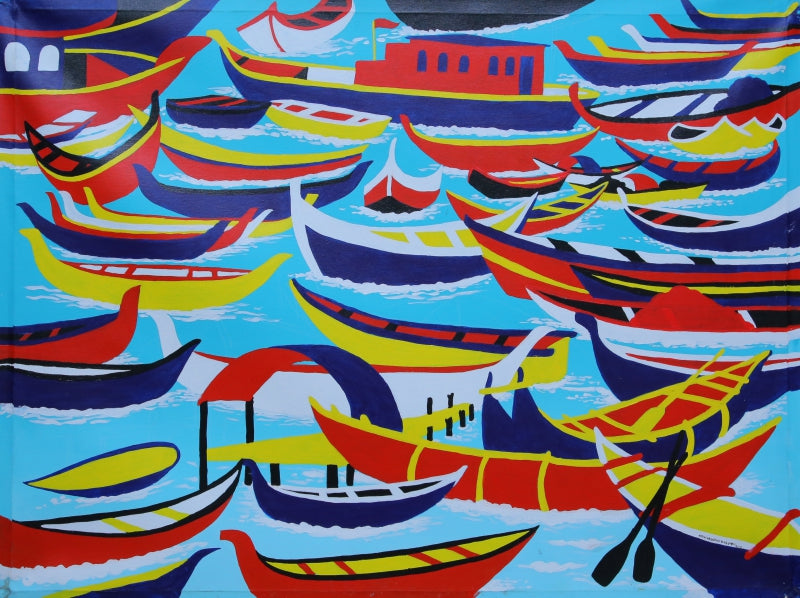Boats' seascape acrylic painting by artist Srinivasa Rao Duggapu, 36x46 inch, on canvas