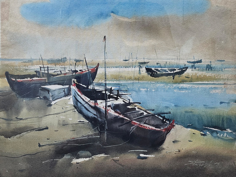 Boats' seascape watercolor painting by artist Paresh Maity, 22x29 inch, on paper
