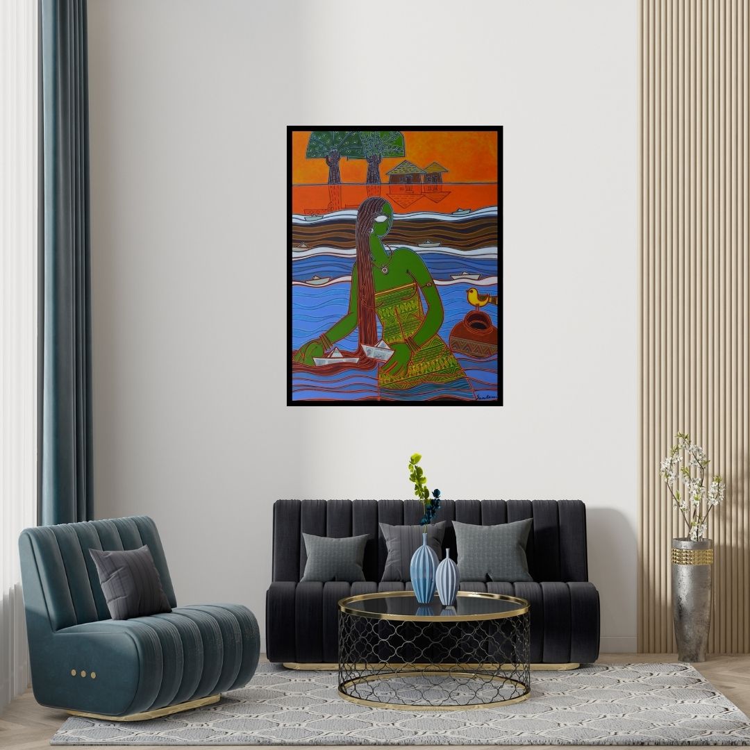 Preview of 'Boats (Floating Dreams)' Painting by Santanu Nandan Dinda shown on a wall in a furnished room.