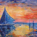 Seascape oil painting titled 'Boats', 17x11 inches, by artist Kiran Bableshwar on Canvas