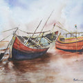 Landscape watercolor painting titled 'Boats at rest', 16x12 inches, by artist Mrutyunjaya Dash on Paper