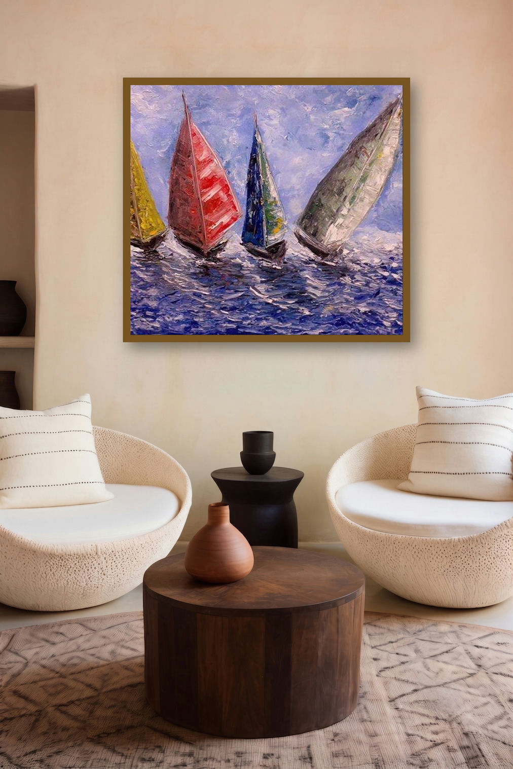 Boats On A Rough Sea (Sailing the Blue) by artist Kiran Bableshwar displayed in a Boutique gallery