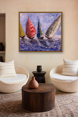 Boats On A Rough Sea (Sailing the Blue) by artist Kiran Bableshwar displayed in a Boutique gallery