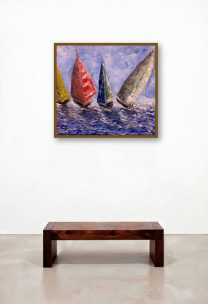 Boats On A Rough Sea (Sailing the Blue) by artist Kiran Bableshwar displayed in a Minimalist Lounge