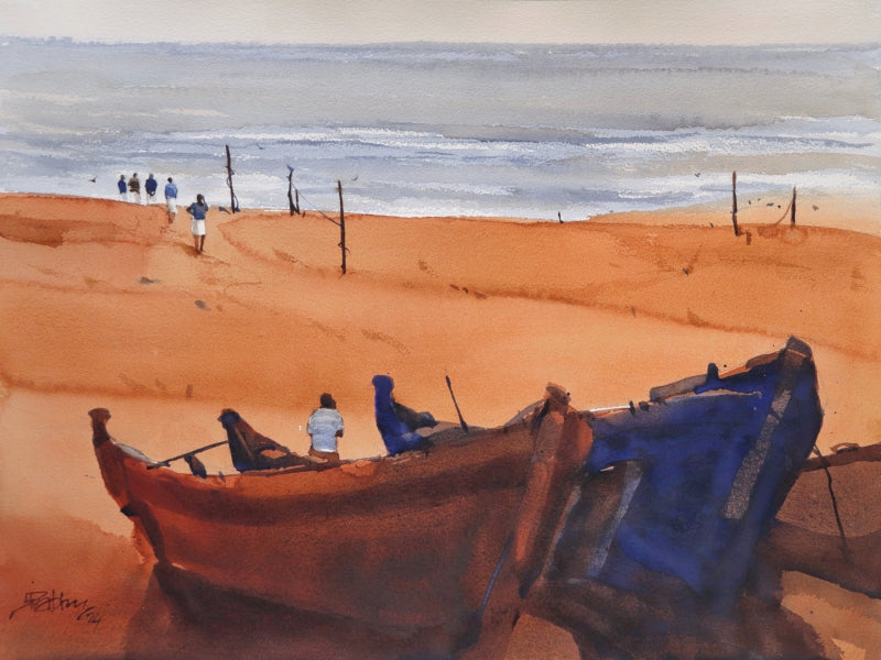 Boats Posing At Seashore' seascape watercolor painting by artist Prashant Prabhu, 18x24 inch, on archival paper