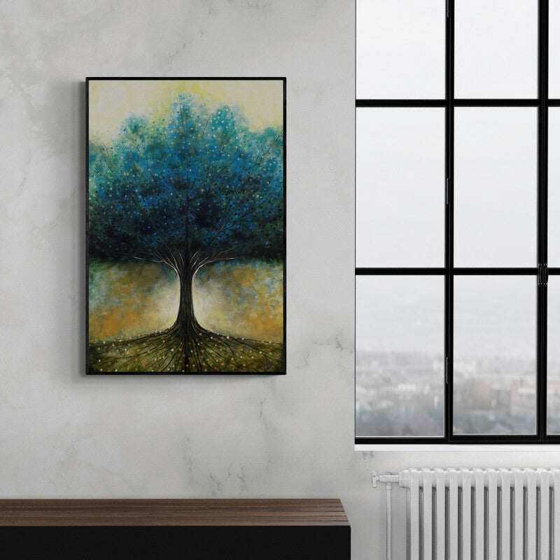 Preview of 'Bodhi' Painting by Seby Augustine shown on a wall in a furnished room.