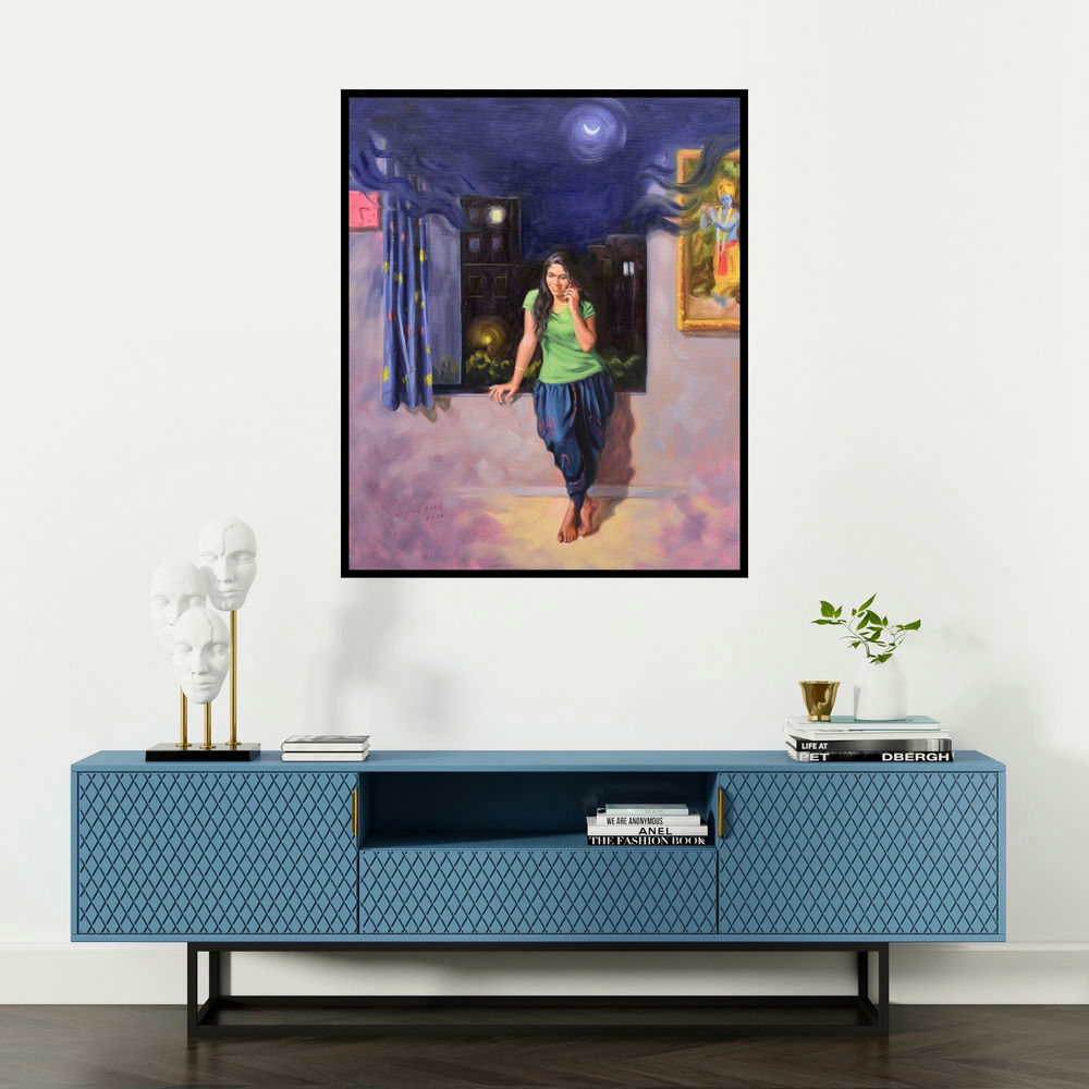 Swapniil Paatil's 'Bol Radha' painting visualized above a sofa in a contemporary room.