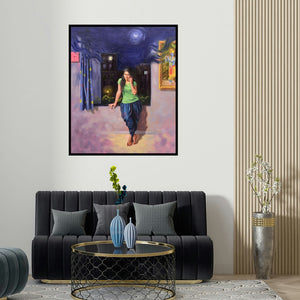 'Bol Radha' painting by Swapniil Paatil shown on a wall in a furnished room.