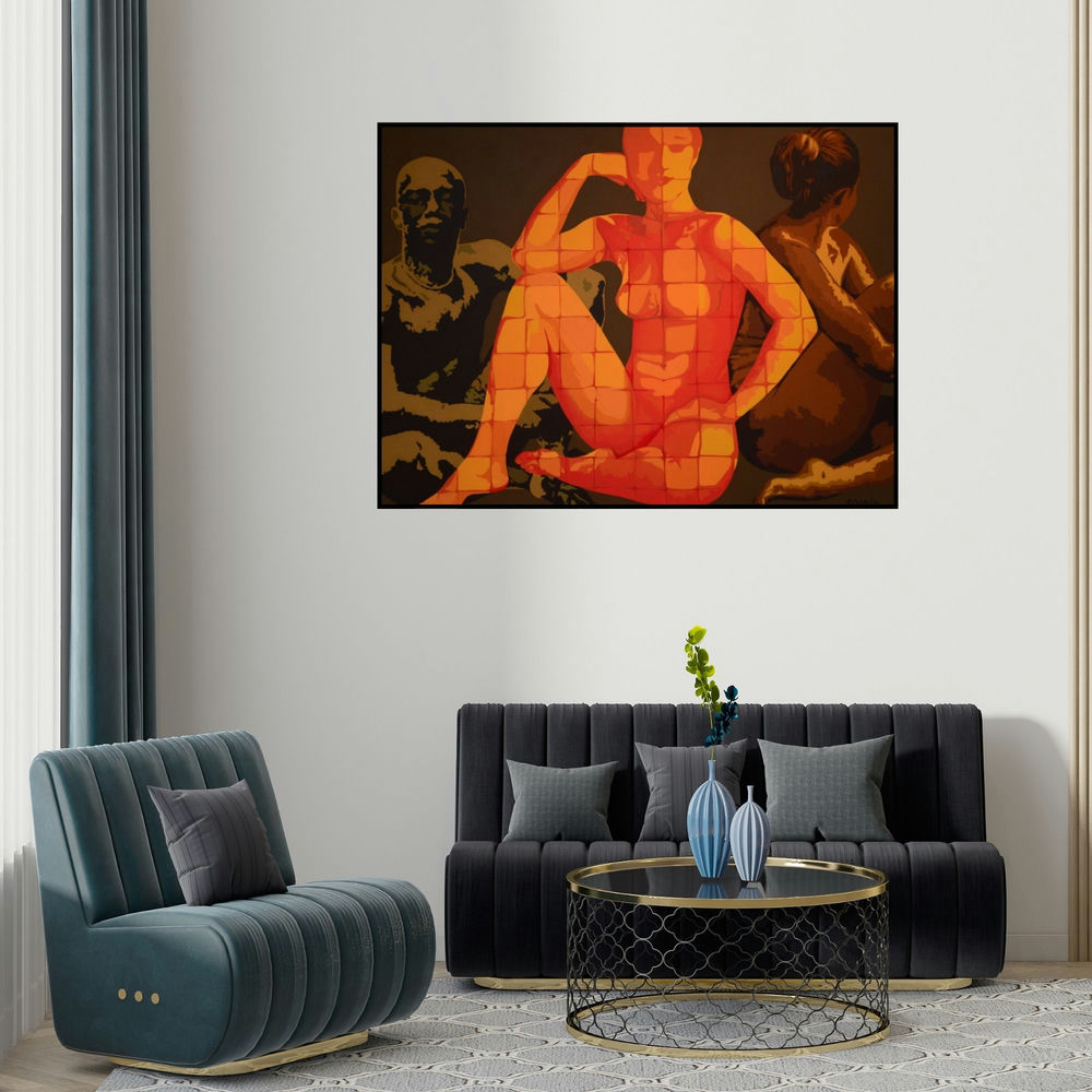Sonaly Gandhi's 'Bold And Beautiful' painting visualized above a sofa in a contemporary room.