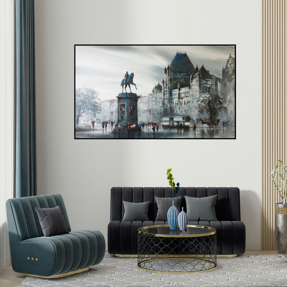 Ashif Hossain's 'Bombay Fort (Kala Ghoda)' painting visualized above a sofa in a contemporary room.