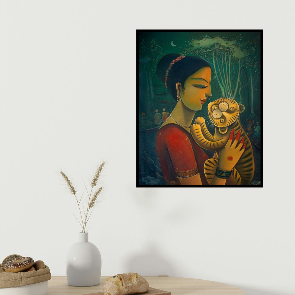 Sumon Naskar's 'Bonbibi' painting visualized above a sofa in a contemporary room.