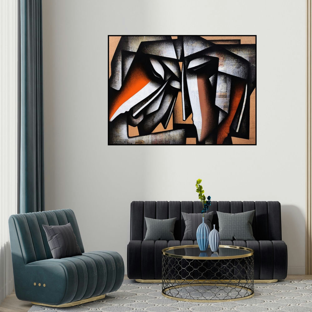 Jagannath Paul's 'Bond Of Love Series 1' painting visualized above a sofa in a contemporary room.