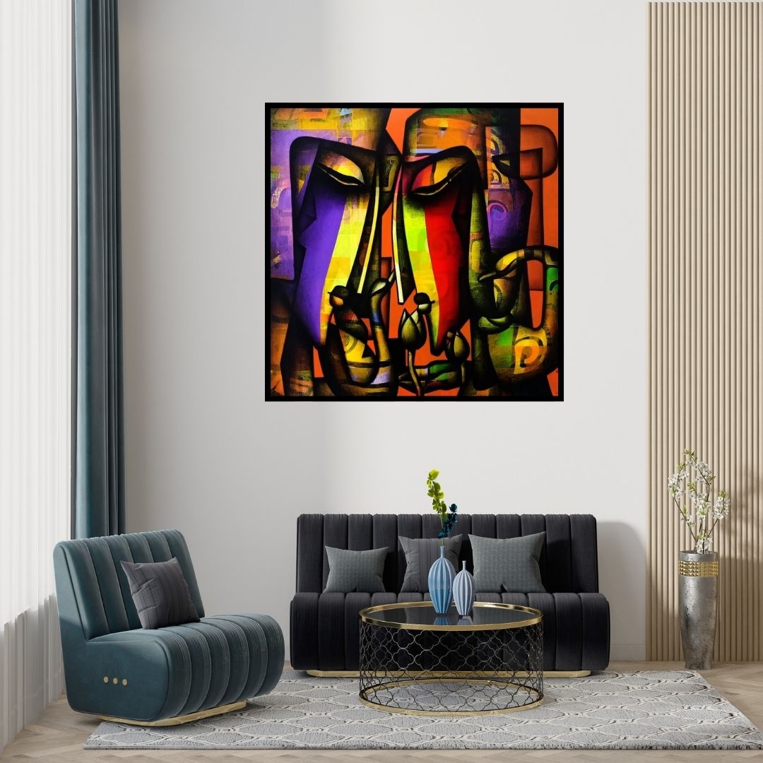 Preview of 'Bond Of Love Series 1' Painting by Jagannath Paul shown on a wall in a furnished room.