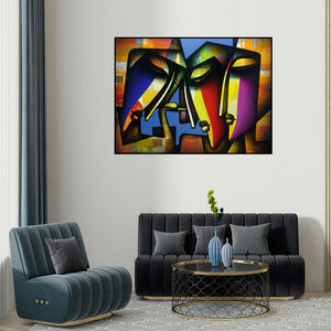 Jagannath Paul's 'Bond Of Love Series 2' painting visualized above a sofa in a contemporary room.