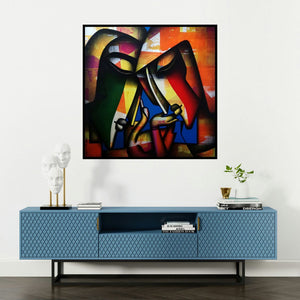 'Bond Of Love Series' painting by Jagannath Paul shown on a wall in a furnished room.