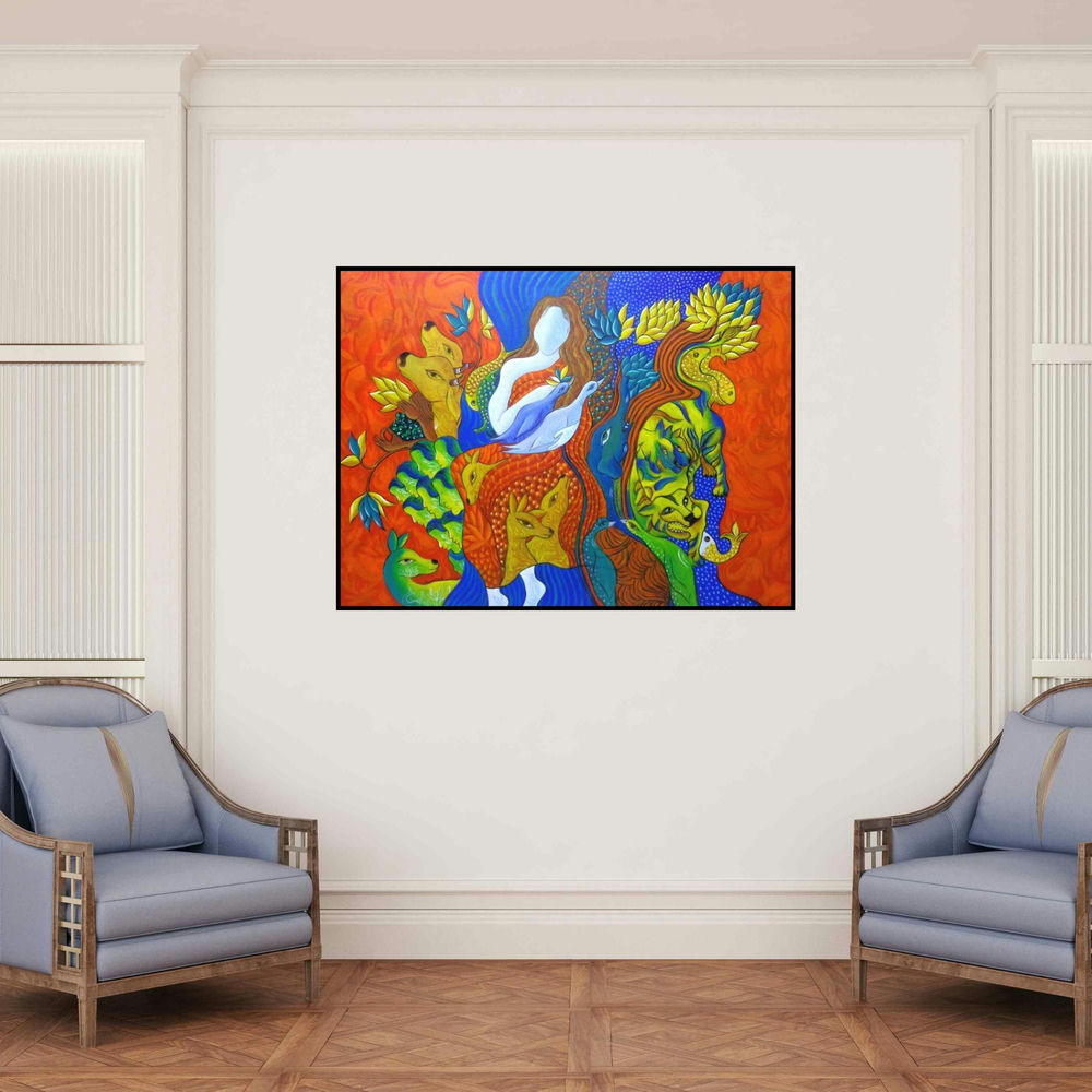 'Bonding With Nature (The Interconnected Realm)' painting by Hariom Kuthwaria shown on a wall in a furnished room.