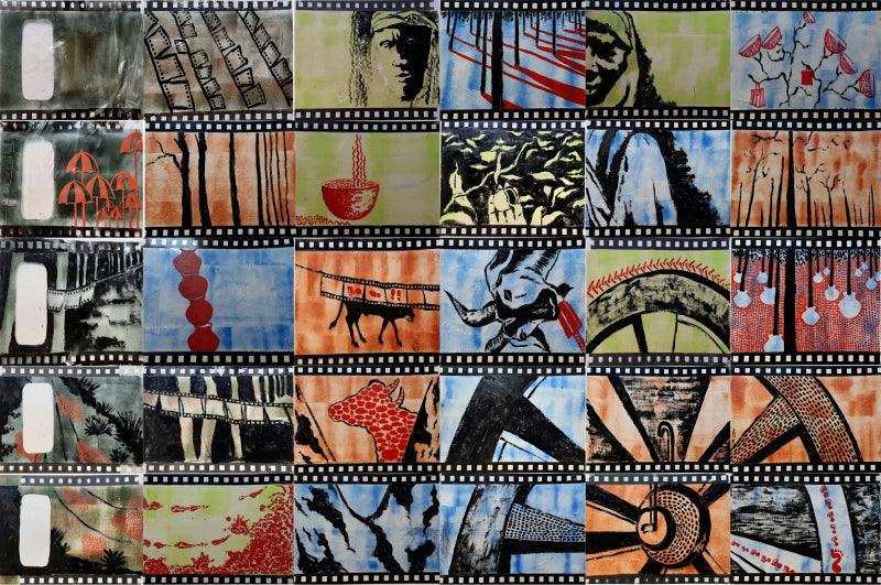 contemporary mixed media painting titled 'Boner Pukur Danda 2', 40x48 inches, by artist Debaroti Seth on OHP Sheet