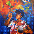 Figurative acrylic painting titled 'Born To Play', 30x42 inches, by artist Pradip Goswami on Canvas