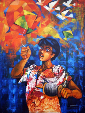 Born To Play (Joyful Abandon) by Pradip Goswami, Original Acrylic Figurative Painting on Canvas, Medium Vertical Wall Art