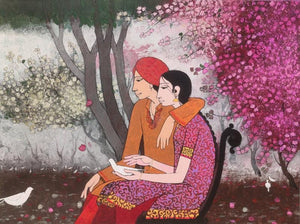 Bougainville Garden (Love and Peace) by Rahul Mhetre, Original Acrylic Figurative Painting on Canvas, Medium Horizontal Wall Art