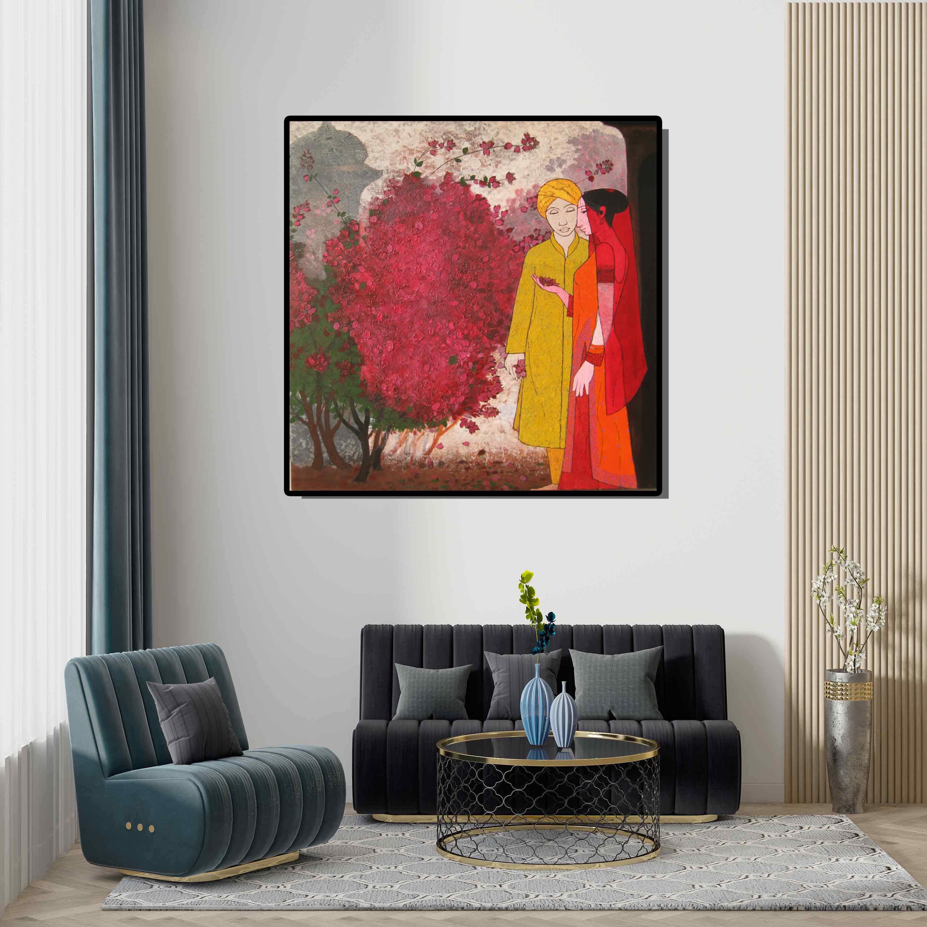 In-situ view of Rahul Mhetre's 'Bougainvillea' painting in a room