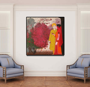 Preview of 'Bougainvillea' Painting by Rahul Mhetre shown on a wall in a furnished room.