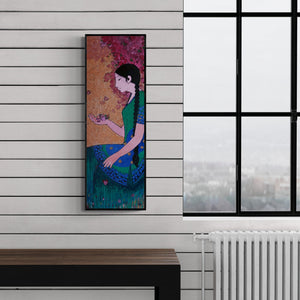 Preview of 'Bougainvillea' Painting by Rahul Mhetre shown on a wall in a furnished room.