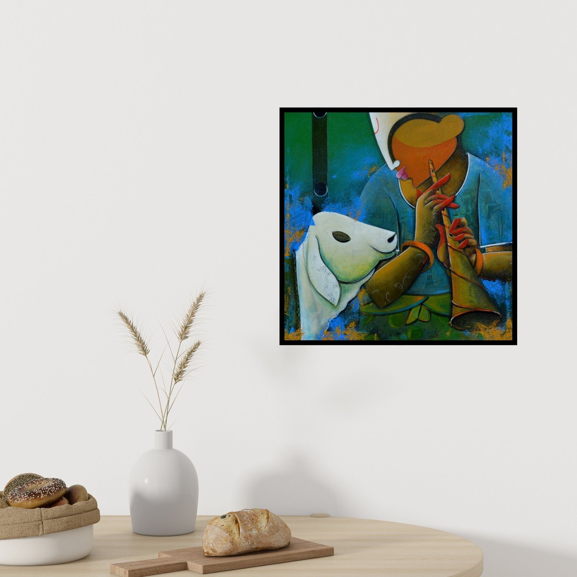 In-situ view of Anupam Pal's 'The Bovine Friendship' painting in a room