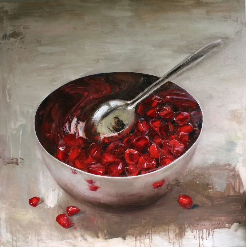 A Bowl Of Rubies' still-life oil painting by artist Surabhi Gulwelkar, 48x48 inch, on canvas