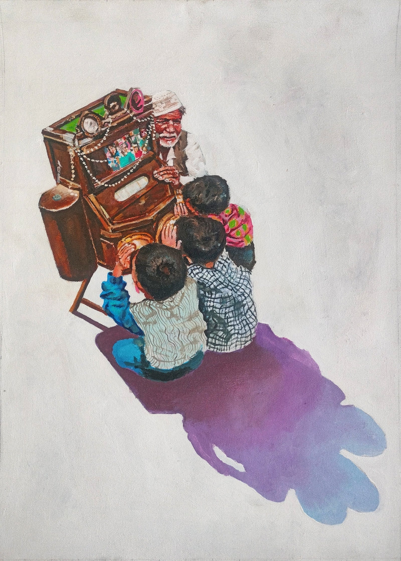 Box Of Songs' figurative acrylic painting by artist Srinivasa Ram Makineedi, 24x15 inch, on canvas