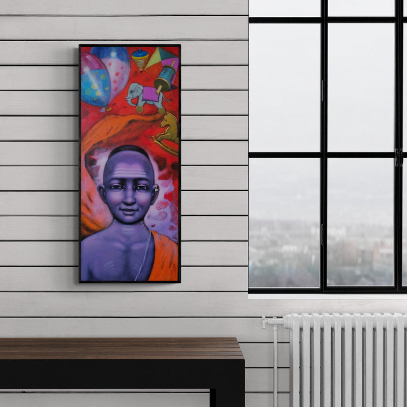 Preview of 'Boy (Lost in Childhood)' Painting by Apet Pramod shown on a wall in a furnished room.
