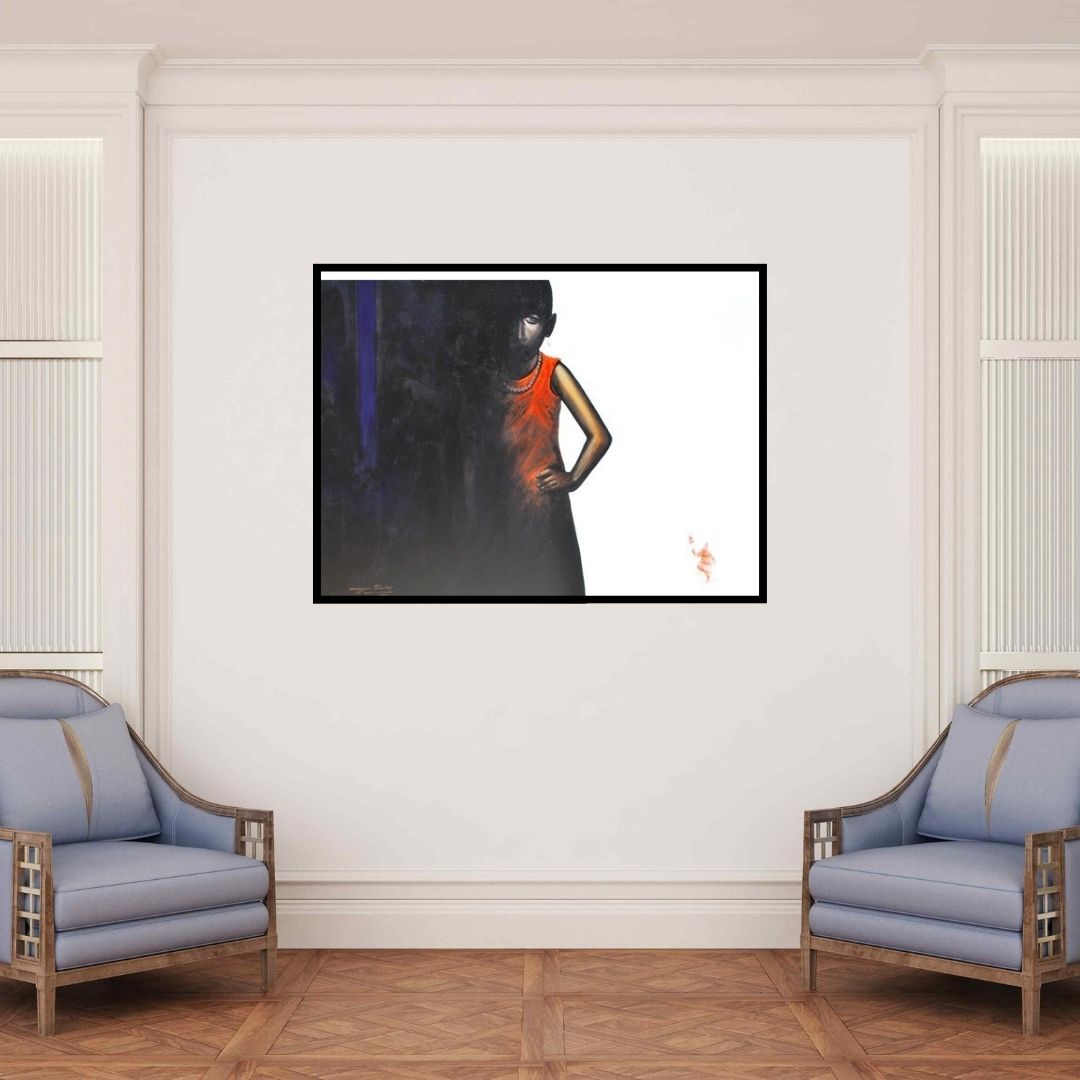 In-situ view of Narayan Shelke's 'The Boy Ii (Gaze of Innocence: A Childs Contemplation)' painting in a room