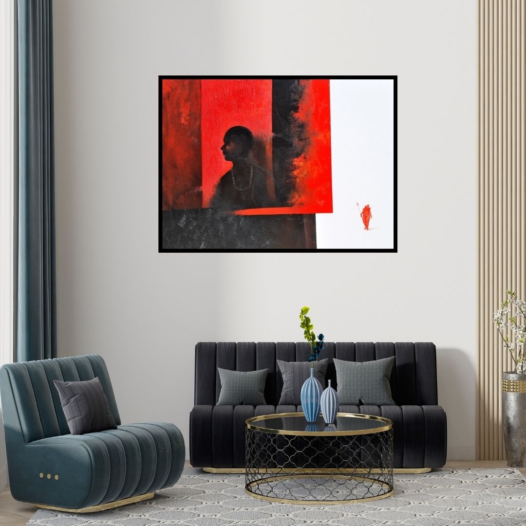 Preview of 'The Boy (Path to Enlightenment: A Journey of Guidance)' Painting by Narayan Shelke shown on a wall in a furnished room.