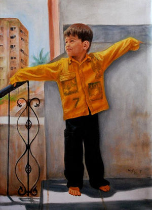 Boy Playing (Divine Flute) by Vishalandra Dakur, Original Oil Figurative Painting on Canvas, Medium Vertical Wall Art