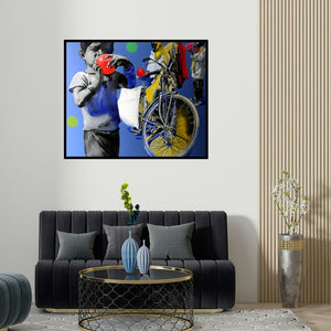 'A Boy With Red Ballon' painting by Manohar Rathod shown on a wall in a furnished room.