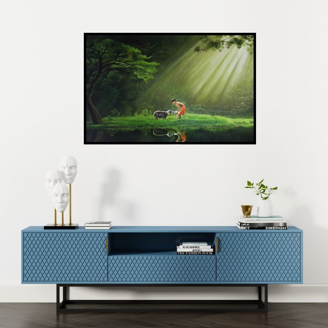Preview of 'Boy With Sheep (Shepherd's Watch)' Painting by Prasad Karambat shown on a wall in a furnished room.