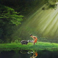 Figurative acrylic painting titled 'Boy With Sheep', 24x36 inches, by artist Prasad Karambat on Canvas Board