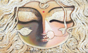 Braahmi (Divine Gaze) by Subrata Ghosh, Original Acrylic Figurative Painting on Canvas, Small Horizontal Wall Art