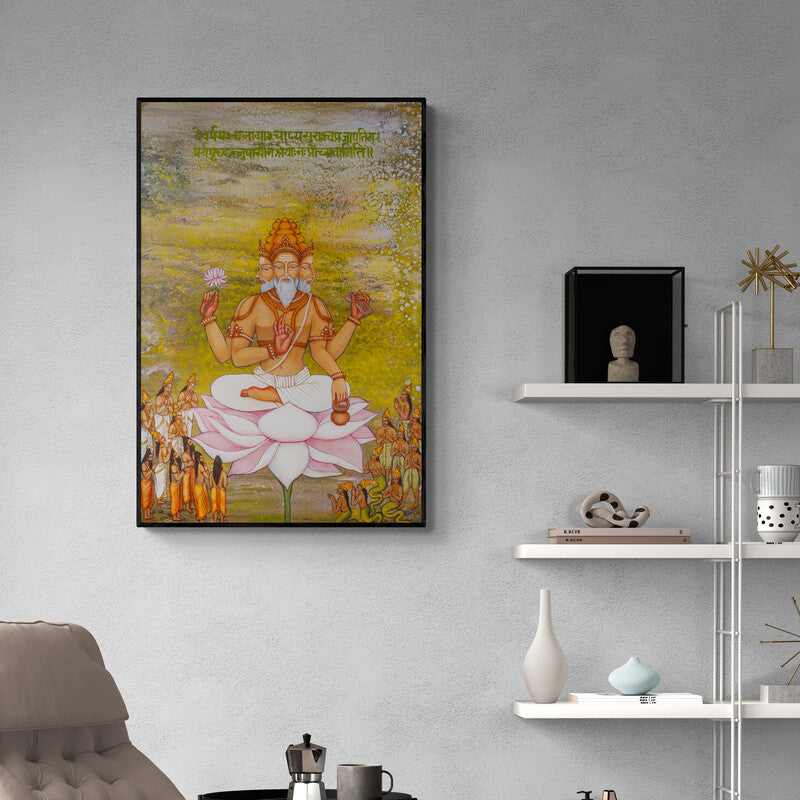 Shivani Attri's painting 'Brahma (The Celestial Assembly)' displayed in a modern living room setting