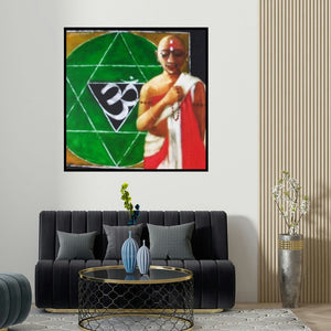 Shankar Kendale's 'Bramhin 1' painting visualized above a sofa in a contemporary room.